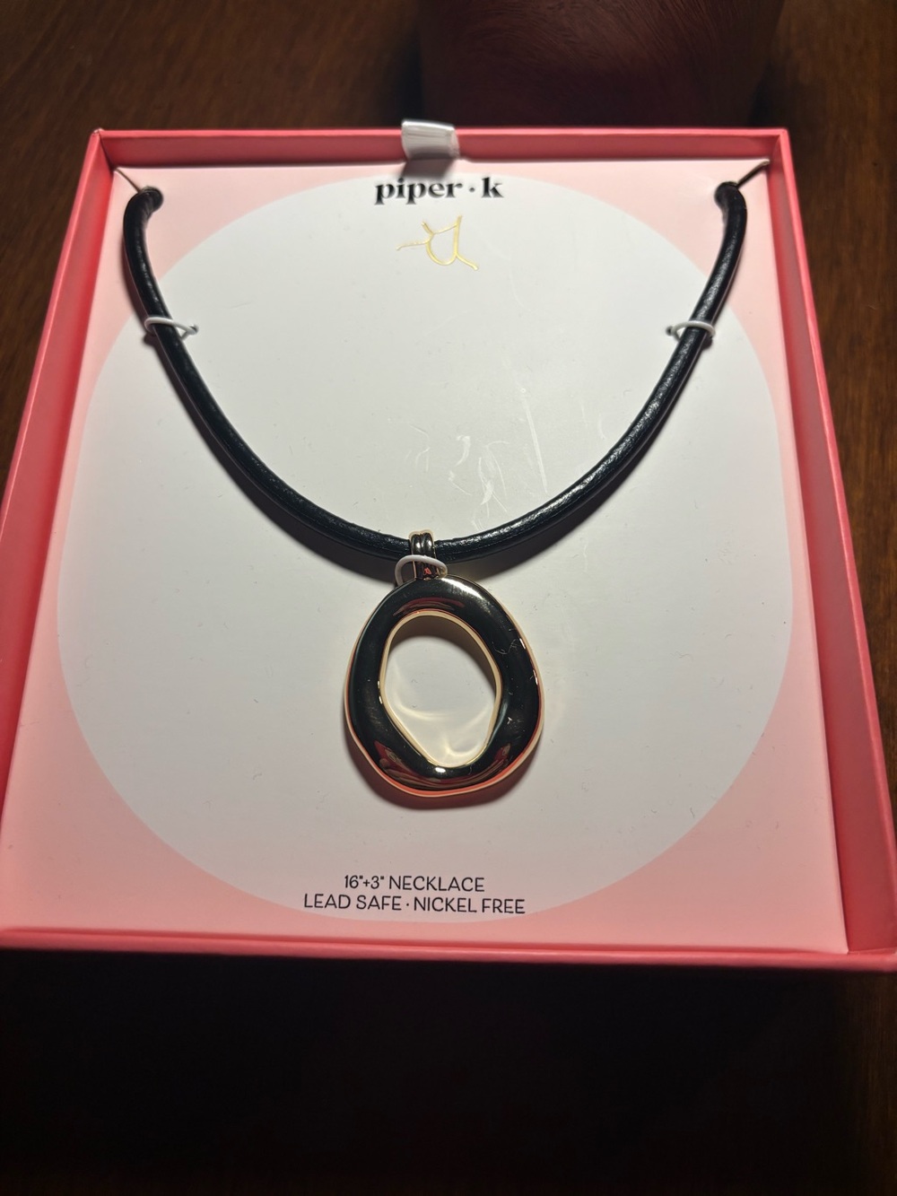 NIB Piper K Black Cord Necklace with Gold Pendant